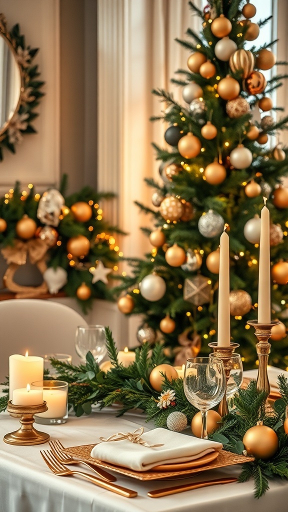 Elegant Christmas background with a decorated tree, sophisticated table setting, and warm candlelight.